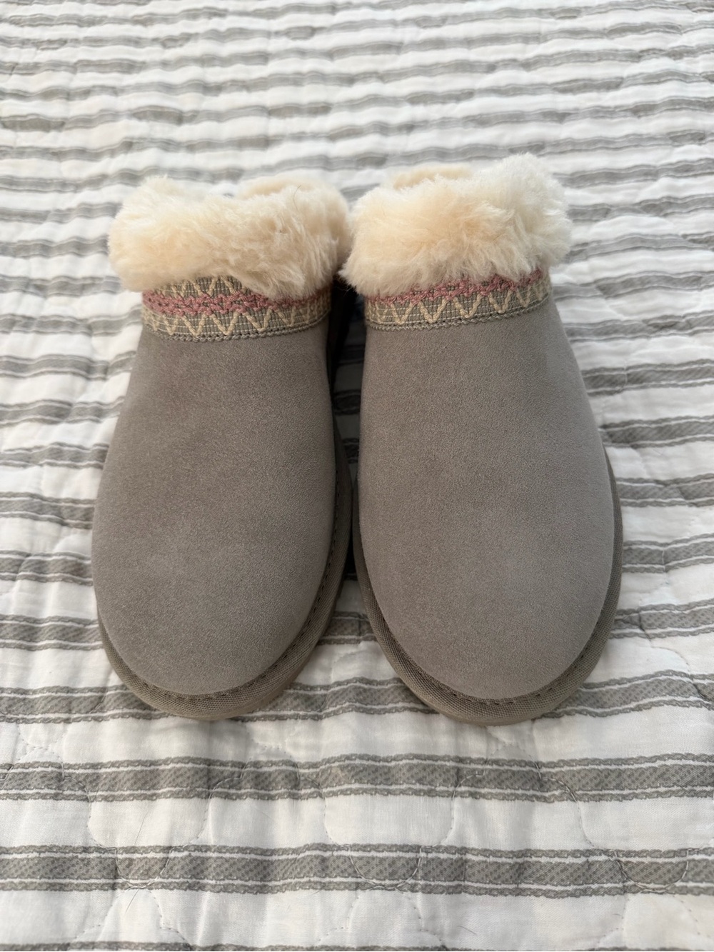 UGG Women's Suede Shearling-Lined Slip-On Clog in Light Gray with Cream Trim